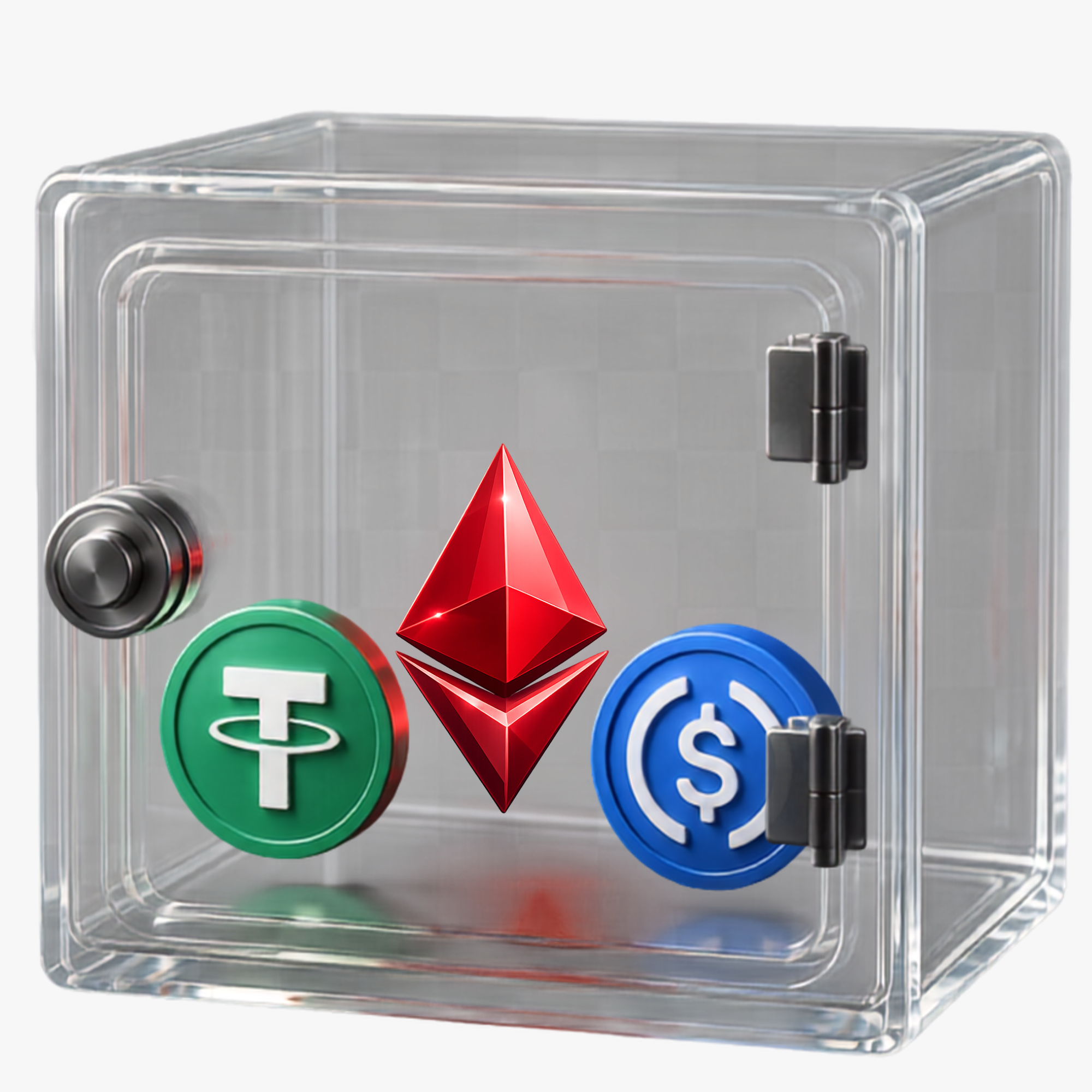 Cofre de vidro com moedas digitais Ethereum, USDT e USDC