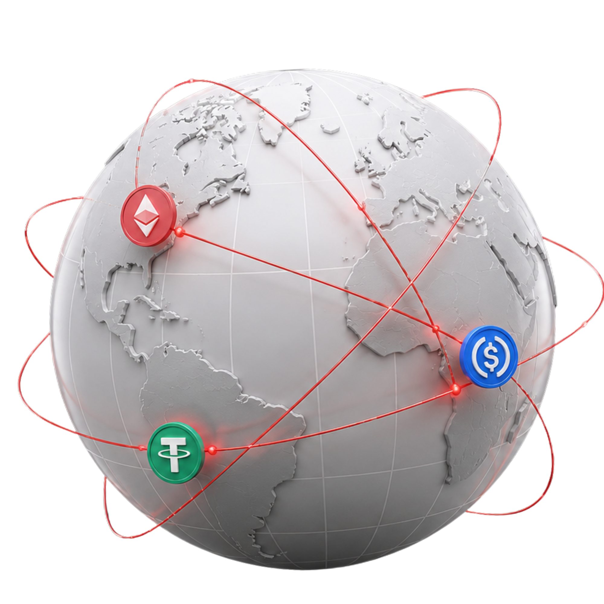 Globo terrestre com órbitas de rede e tokens crypto — recebimento global