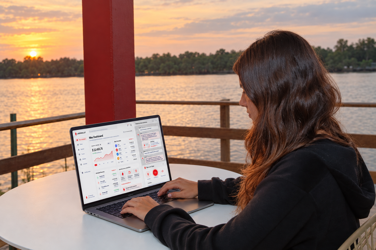 Mulher usando o LiberPass em um laptop durante o estudo.