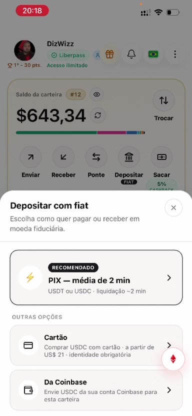 Opções para depositar com fiat na LiberWallet: PIX, cartão e envio pela Coinbase.