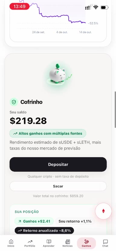 Cartão Cofrinho em Ganhos, com Depositar, Sacar e a posição.