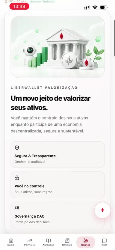Abertura de Ganhos, com os cartões Seguro e transparente, Você no controle e Governança DAO.
